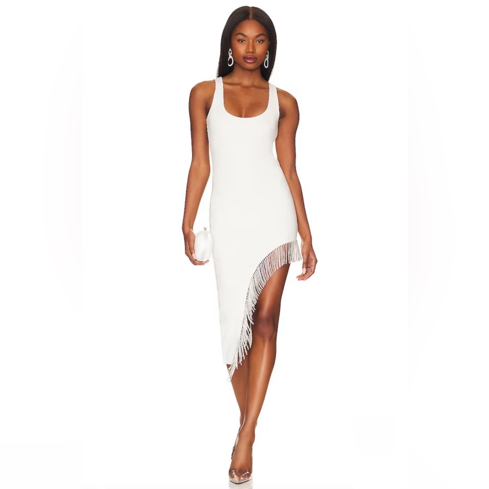 REVOLVE NBD Adora Midi Dress in White Tank Asymmetrical Crystal Fringe S NWT